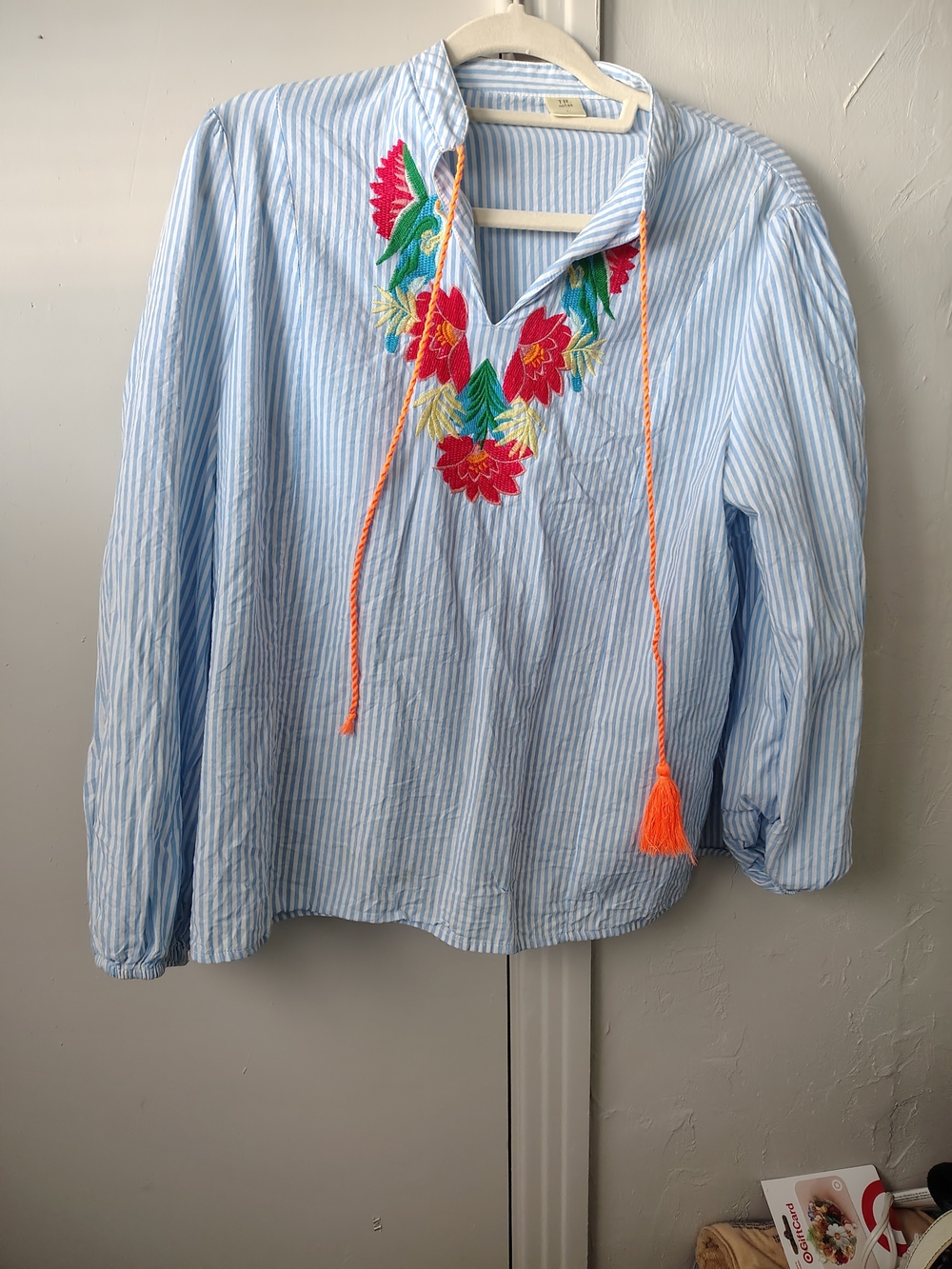 Light Blue Stripe Embroidered Floral Pullover with Orange Tassels